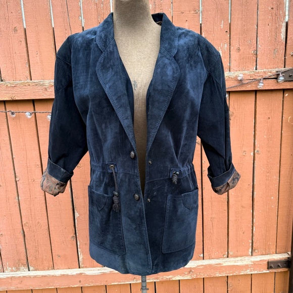 Vintage 80s Deep Navy Blue Suede Parka Jacket - Picture 2 of 12